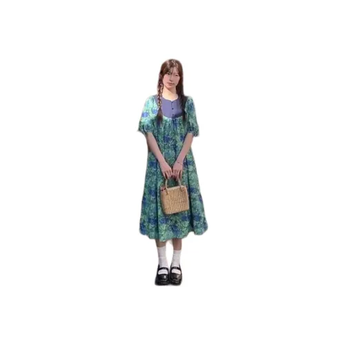 HUOLIDEDITU Short Sleeved Dress Women's Blue Green Print, In Stock