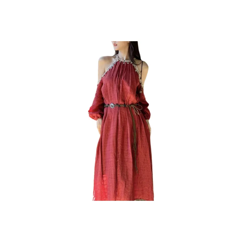 Wbwq Long Sleeved Dress Women's Maroon-0