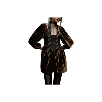 FREE PEOPLE Farrier Velvet Mini Dress Long-Sleeved Dresses Women's Brown Bear Color