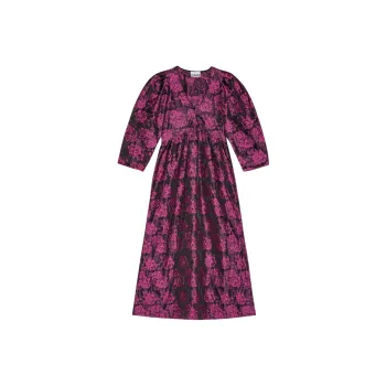 GANNI Botanical jacquard Puff sleeves Midi Dress