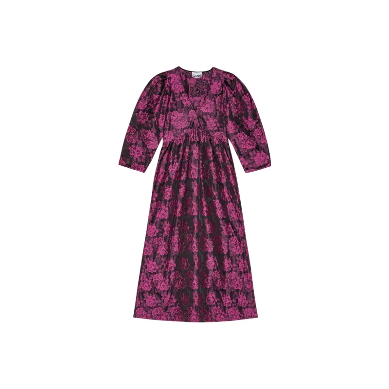 GANNI Botanical jacquard Puff sleeves Midi Dress-0