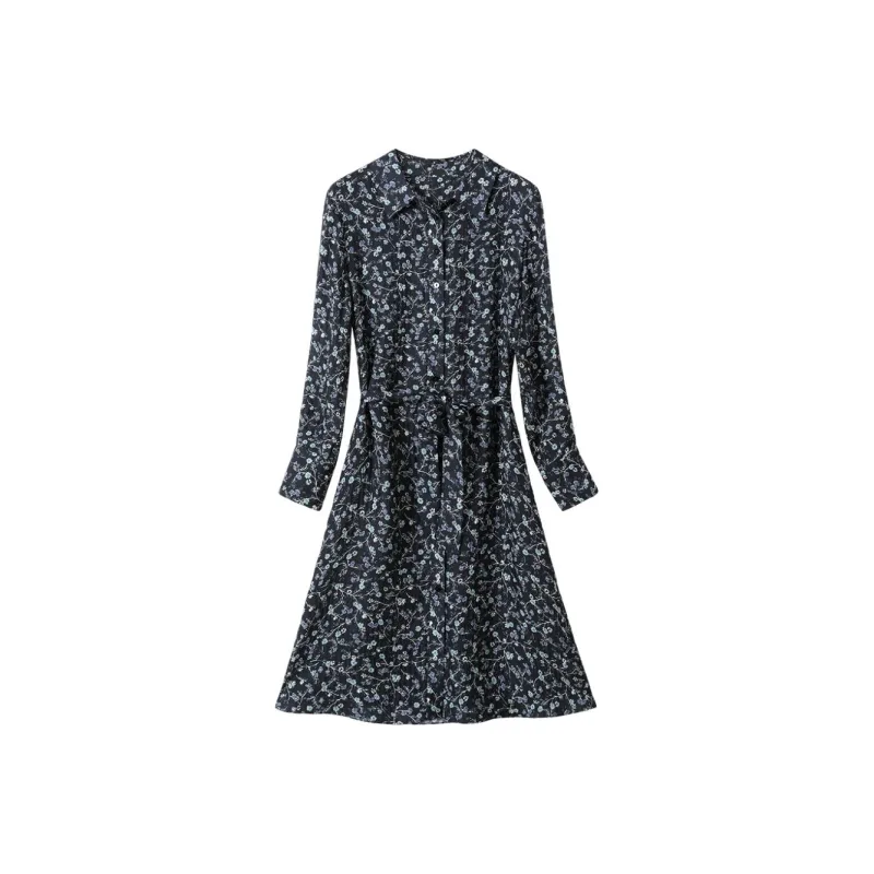H-YXIANG Long-Sleeved Dresses Women's Blue Floral-0