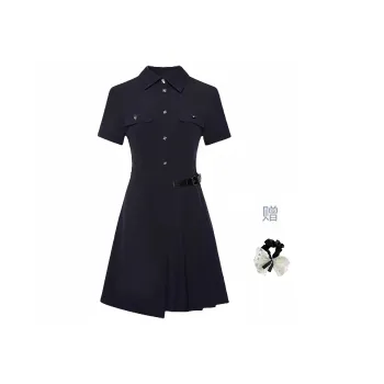 TUSHIFEI Short Sleeved Dress Women's Navy Blue+Hair Tie Included