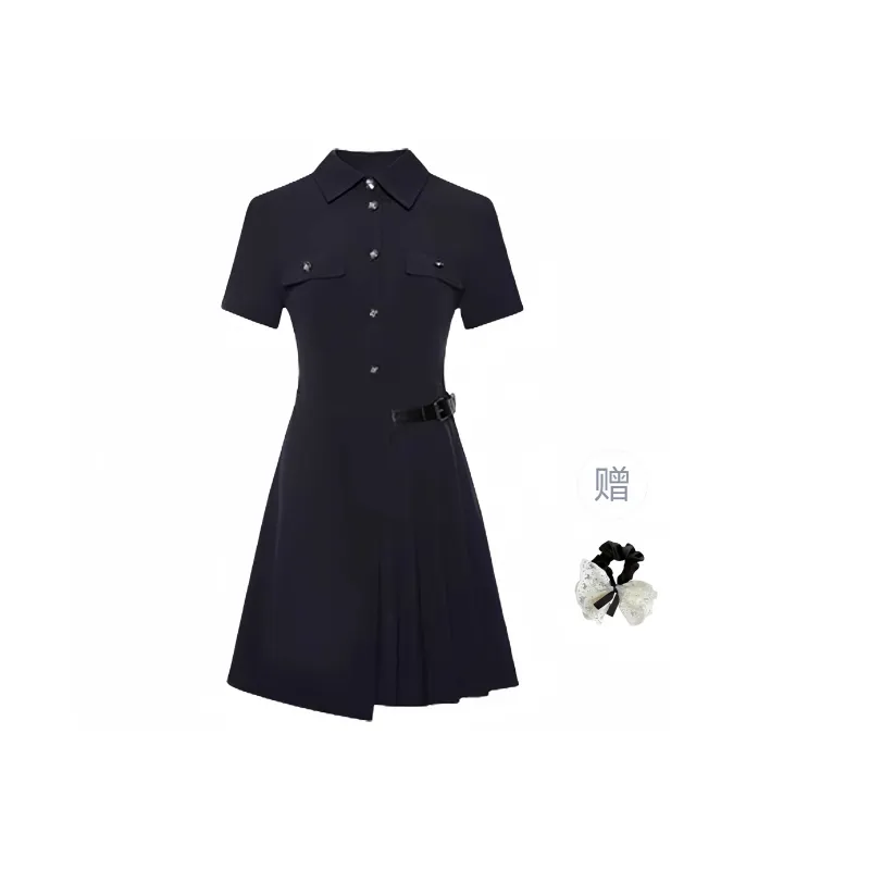 TUSHIFEI Short Sleeved Dress Women's Navy Blue+Hair Tie Included-0