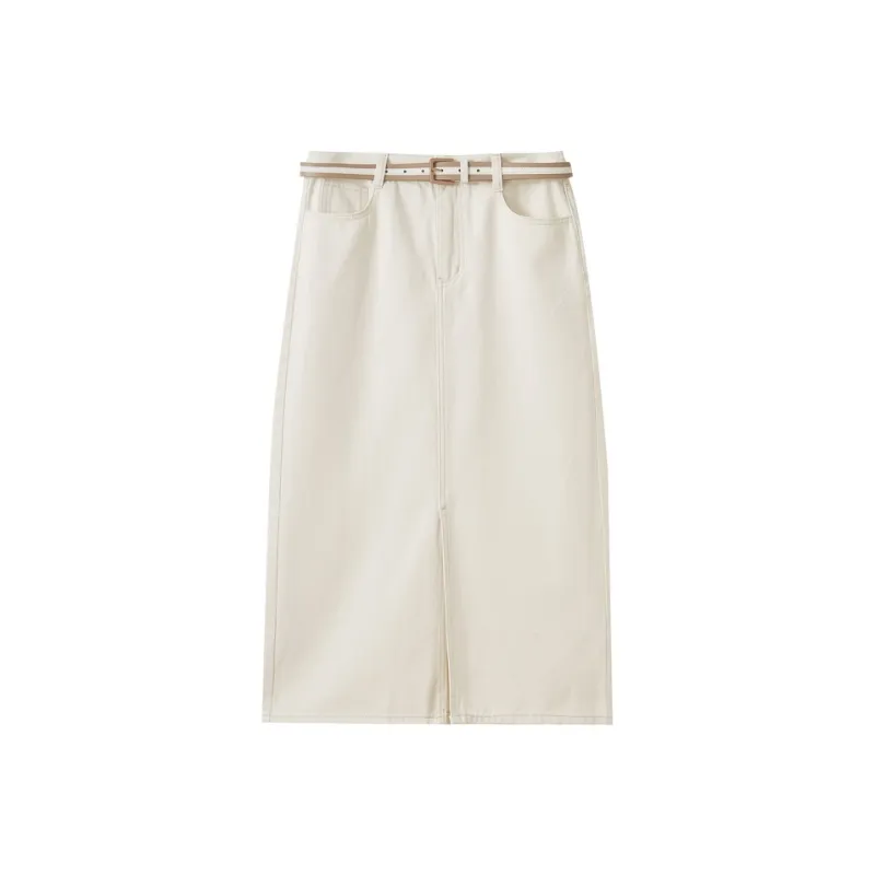 SHUIYUNJIAN Denim Long Skirt Women's Ivory White-0