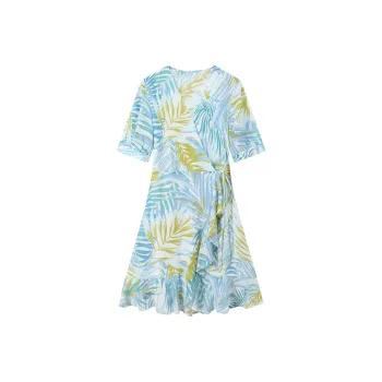 H-YXIANG Short-Sleeved Dresses Women's Blue Leaf Tree Shadow