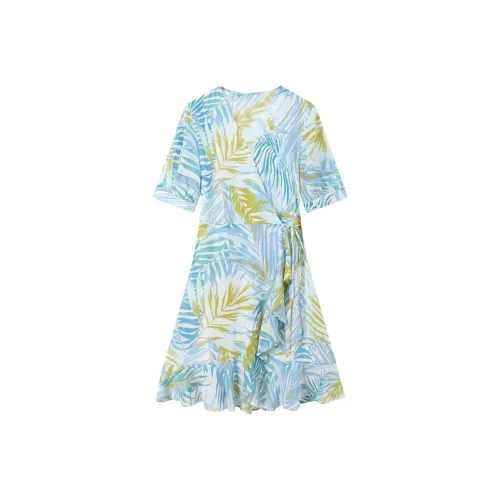 H YXIANG Short Sleeved Dresses Women's Blue Leaf Tree Shadow