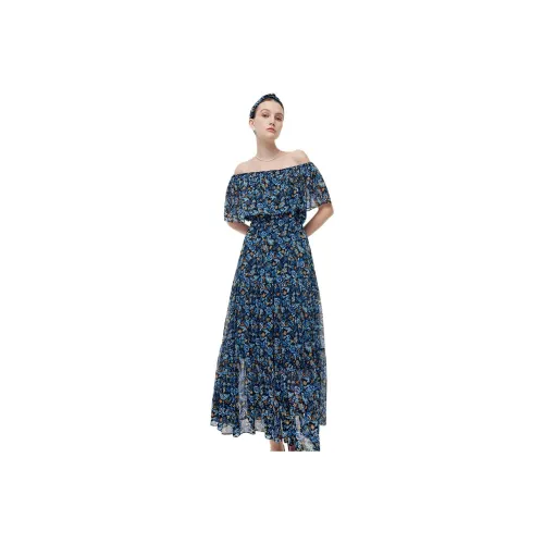 GOELIA Short Sleeved Dress Women's Blues Mosaic Rose Print