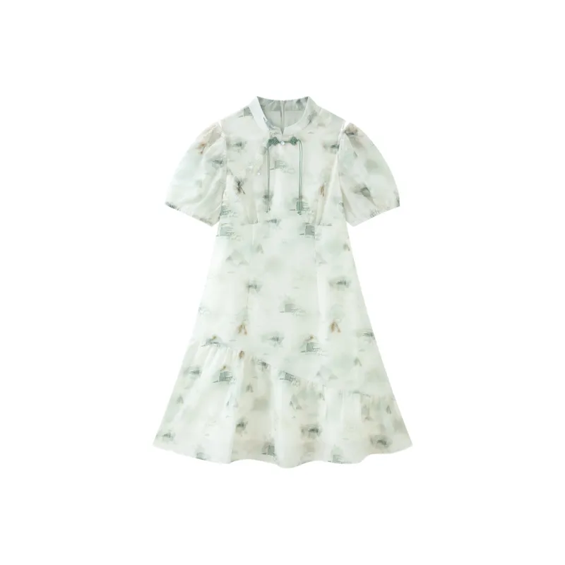 LEDIN Short Sleeved Dresses Women's Green Print-0
