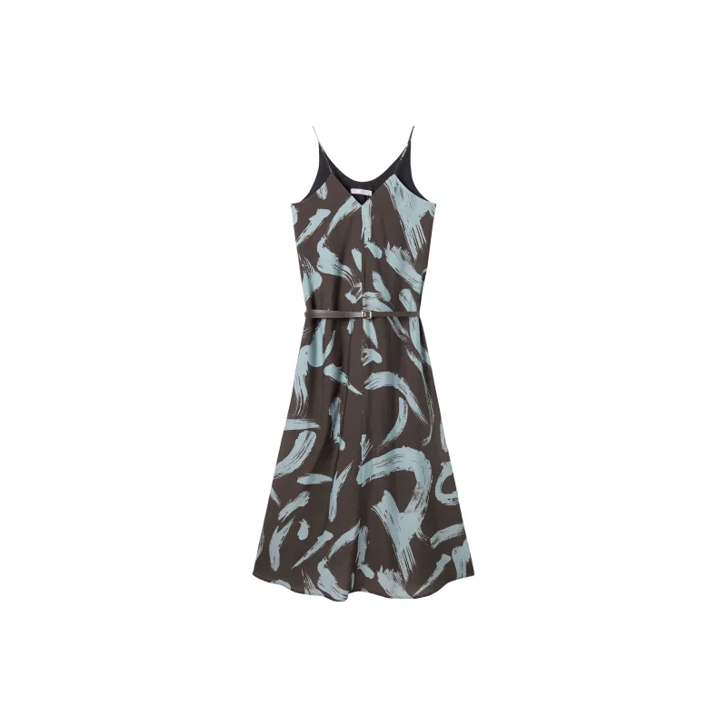 DIALOGUE Slip Dresses Women's Brushstroke Blue Coffee Print-0