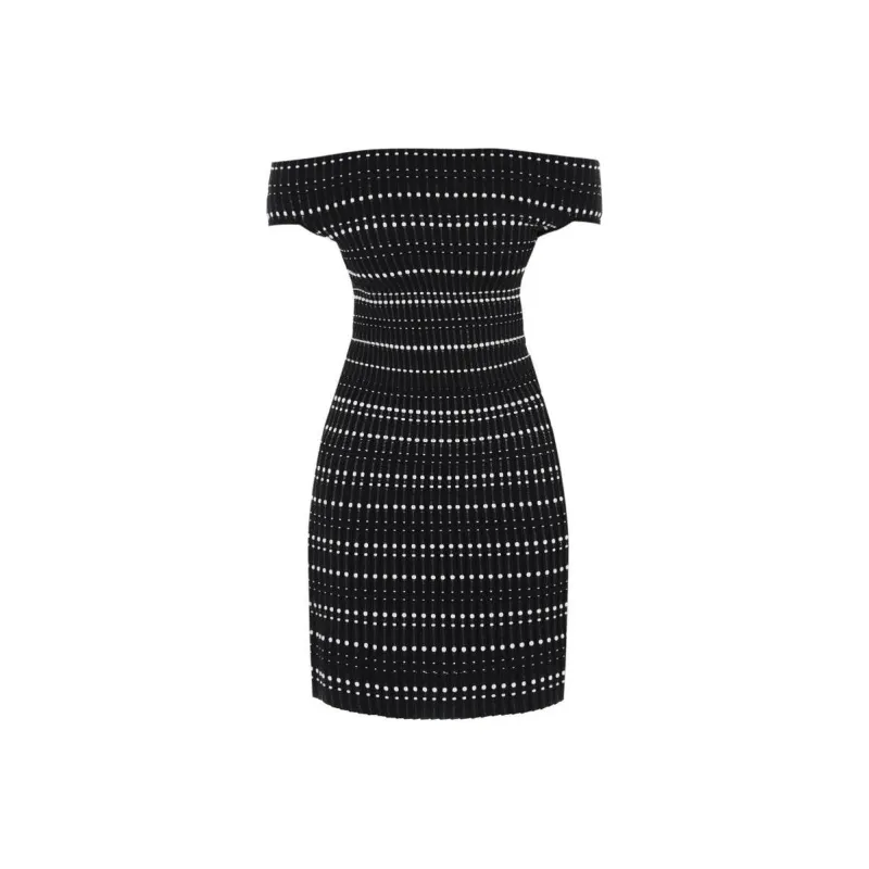 Alexander McQueen Off Shoulder Straight Hem Knitted Mini Dress-0