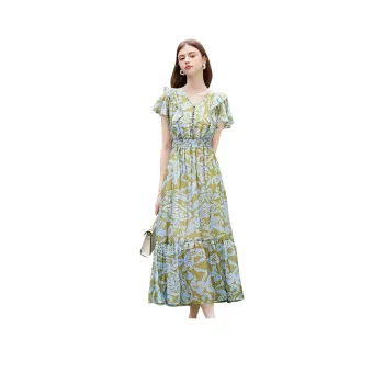 TOUCH Short Sleeved Dress Women's Green With Light Blue Floral