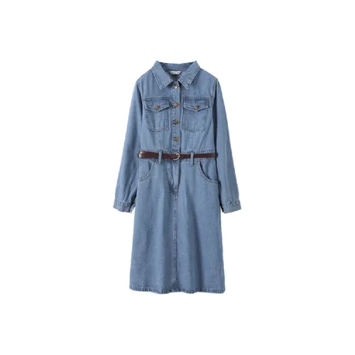 Mo Han Yi Mei Long Sleeved Dress Women's Light Denim Blue