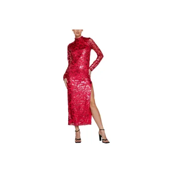 NASTY GAL Flocked Floral High Neck Maxi Dress Long-Sleeved Dresses Women's Pink