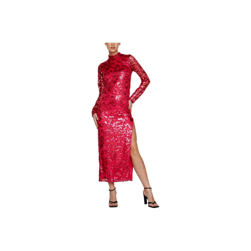 NASTY GAL Flocked Floral High Neck Maxi Dress Long-Sleeved Dresses Women's Pink-0