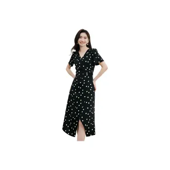 Hopeshow Short-Sleeved Dresses Women's Black Background With Beige Dots