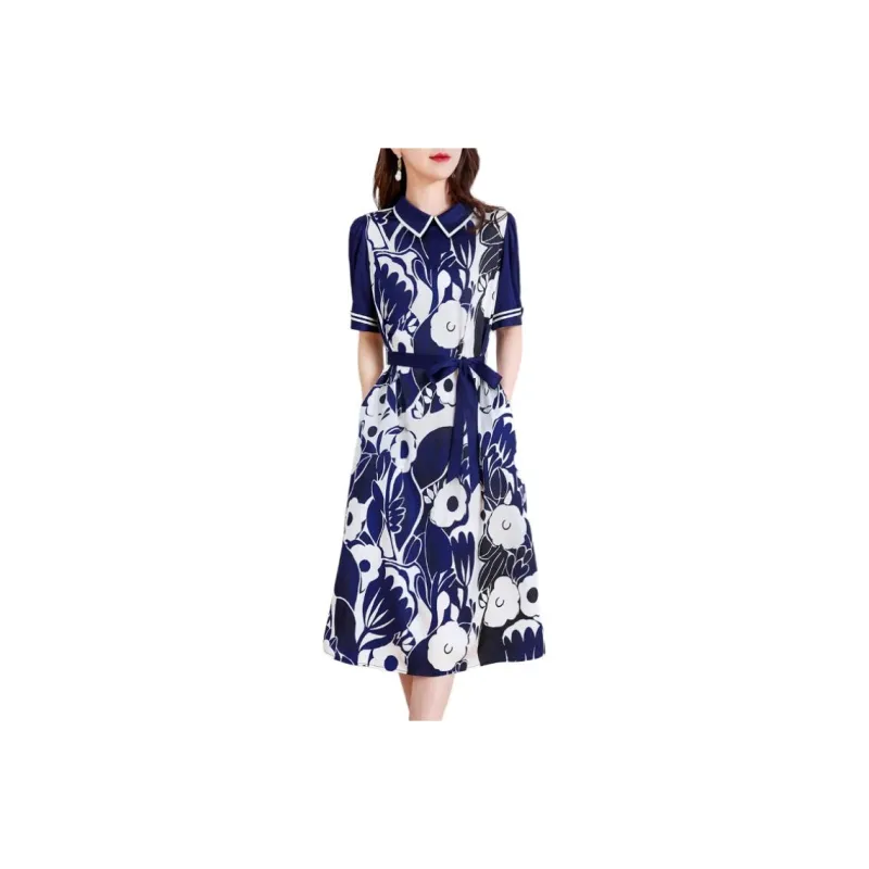 Yi Mengyuan Lace Up Silk Short Sleeved Dress Women's-0