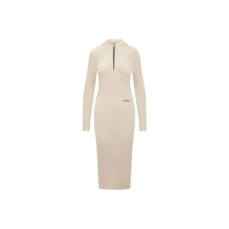 JIL SANDER + Long Sleeved Ribbed Knitted Hooded Midi Dress-0