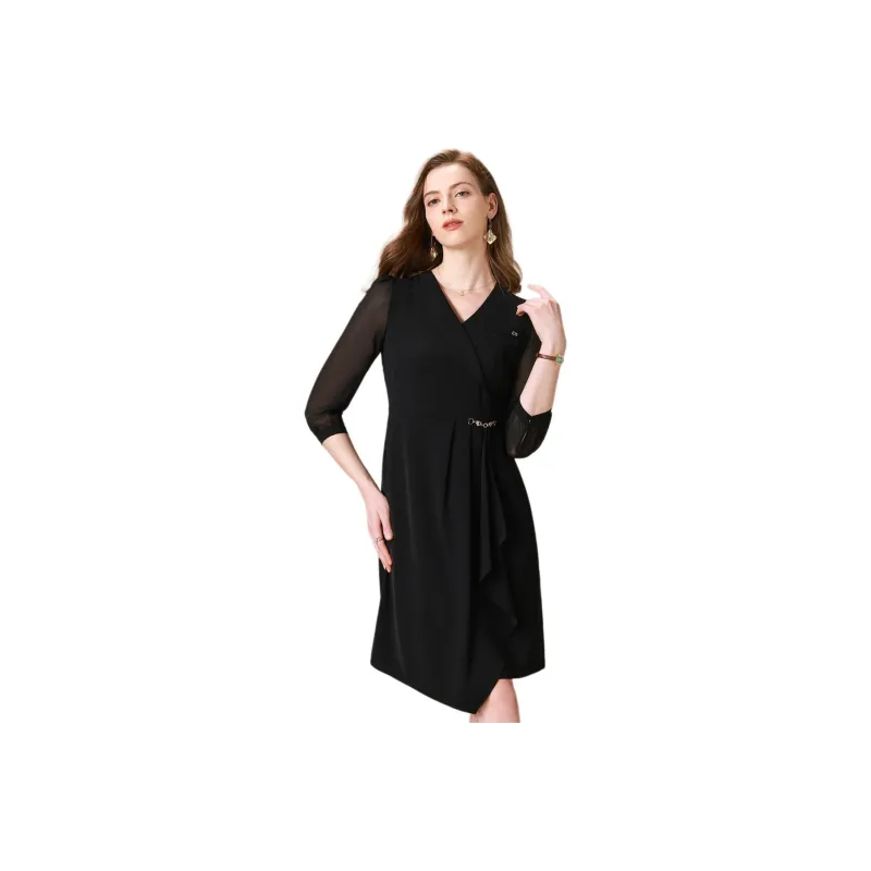 FENHONGMALI Long Sleeved Dress Women's Black-0