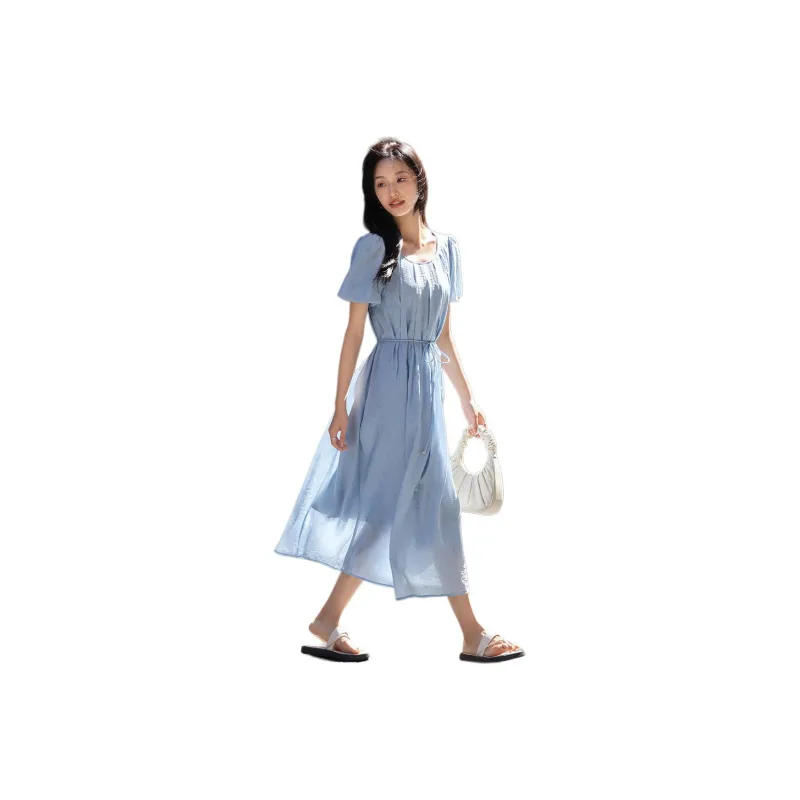 Mo Han Yi Mei Short Sleeved Dresses Women's Aqua Blue-0