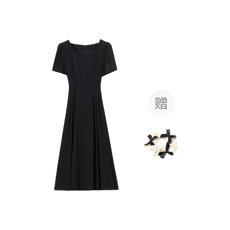 TORIGHT Short Sleeved Dress Women's Black+Bowknot Hair Tie Comes With-0