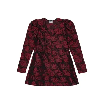 GANNI Red Botanical Jacquard Mini Dress Long Sleeved Dress Women's Red