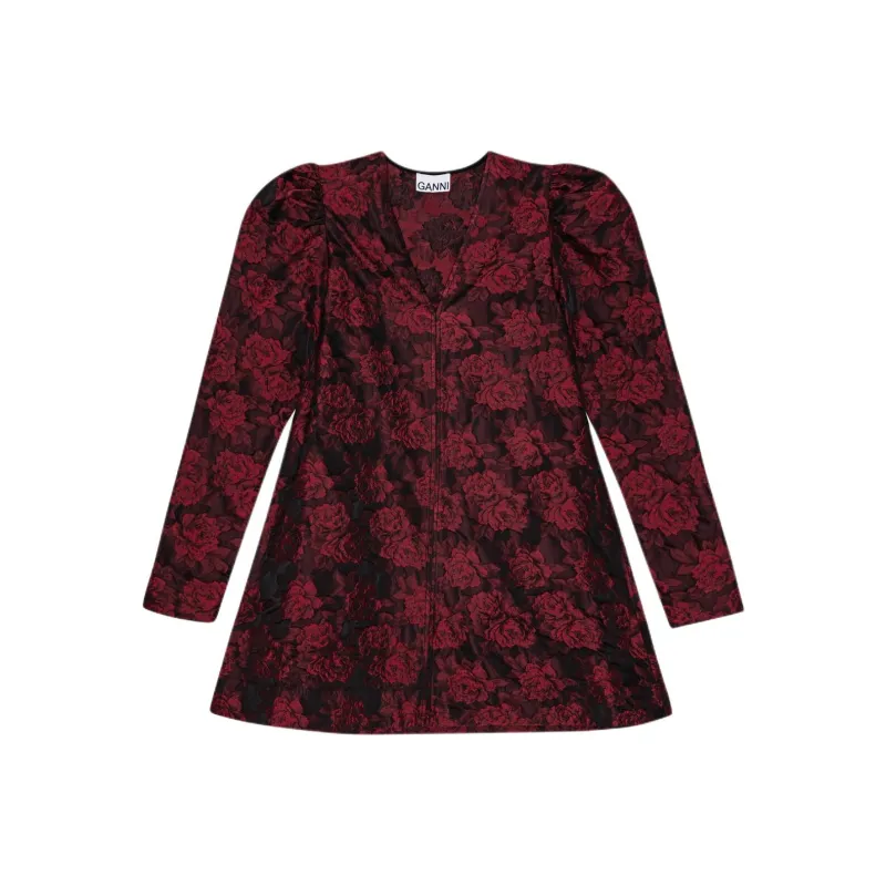 GANNI Red Botanical Jacquard Mini Dress Long Sleeved Dress Women's Red-0