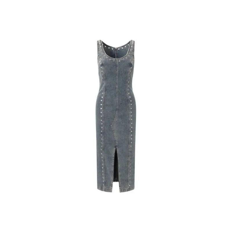 Blumarine Eyelet embellished Denim Midi Dress-0