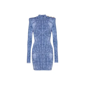 BALMAIN Denim Effect Short Jacquard Knit Dress