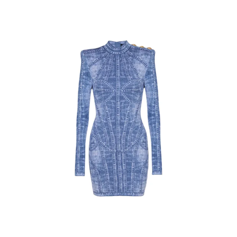 BALMAIN Denim Effect Short Jacquard Knit Dress-0