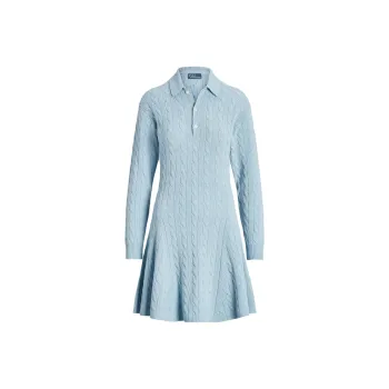 Polo Ralph Lauren Cable-Knit Wool-Cashmere Sweater Dress Long-Sleeved Dresses Women's Light Blue