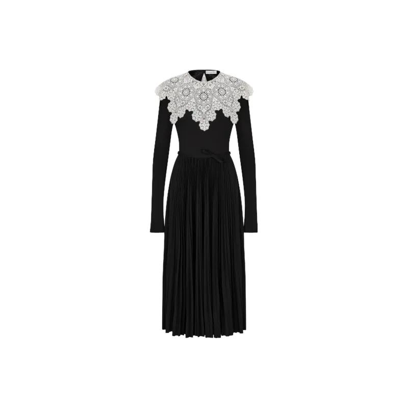 DIOR Mid-Length Pleated Dress Long-Sleeved Dresses Women's Black-0