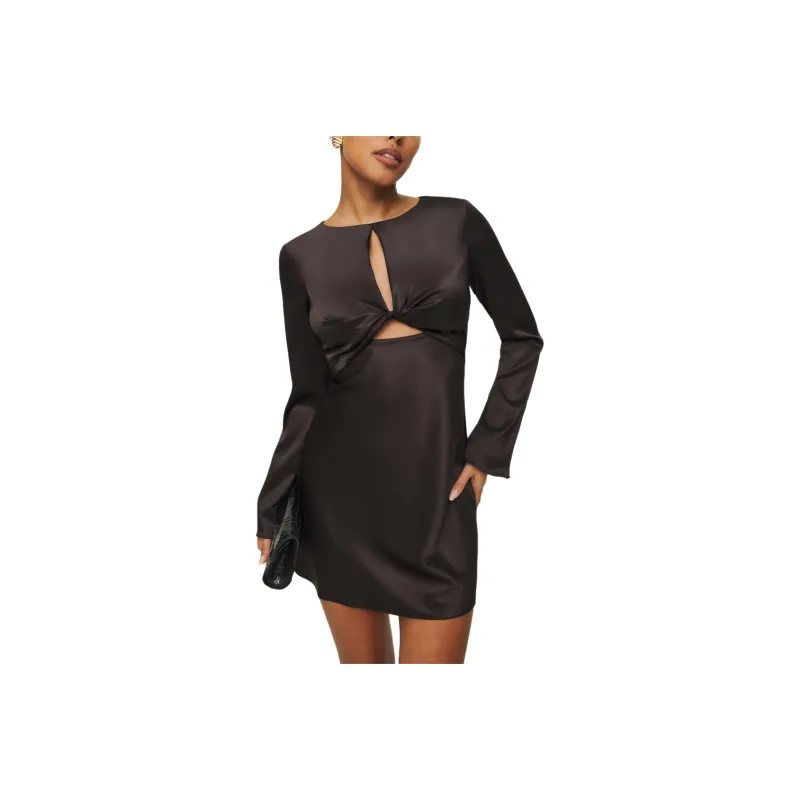 REFORMATION Natalina Satin Dress Long-Sleeved Dresses Women's Dark Brown-0