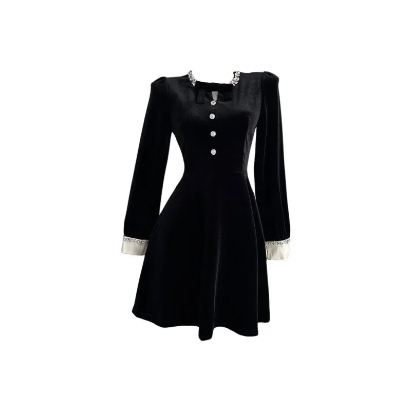 SECFLY OFFICIAL Long Sleeved Dresses Women's Velour Black-0
