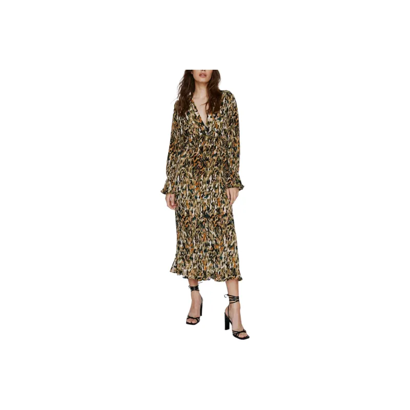 NASTY GAL Spot Chiffon Print Pleated Maxi Dress Long-Sleeved Dresses Women's Olive-0