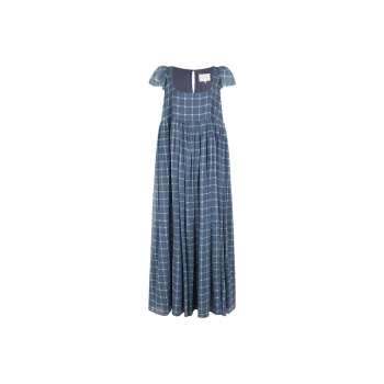 Selkie Collection Short Sleeved Dress Women's Navy Blue Plaid Tea Towel Print