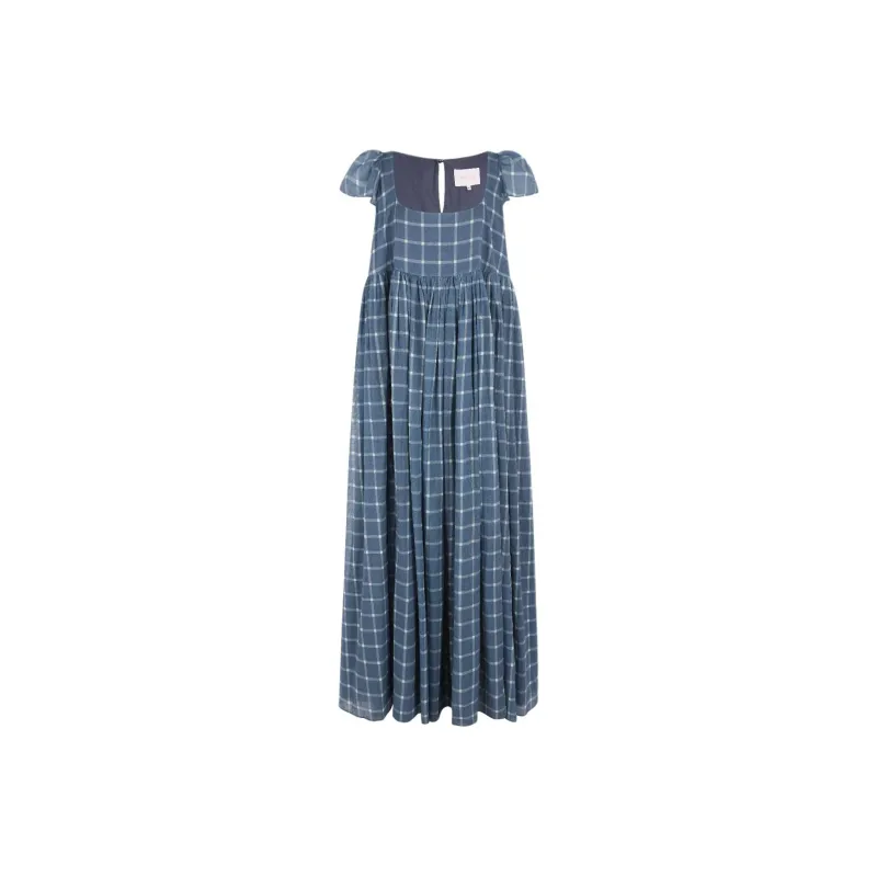 Selkie Collection Short Sleeved Dress Women's Navy Blue Plaid Tea Towel Print-0