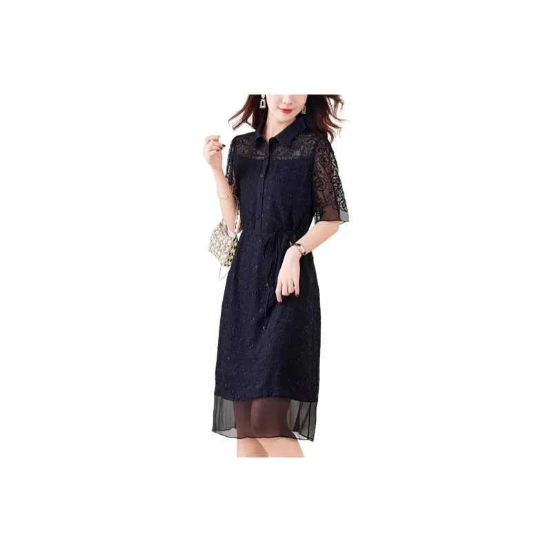 Yi Mengyuan Silk Short Sleeved Dress Women's Black-0