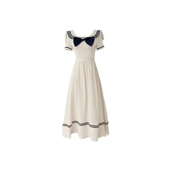 Udon House Short Sleeved Dress Women's Apricot Bowknot Detachable