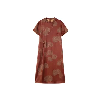 Yi Mengyuan Silk Short Sleeved Dress Women's Red Brown