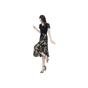 Cypress House Short Sleeved Dress Women's Black Top And Floral Bottom