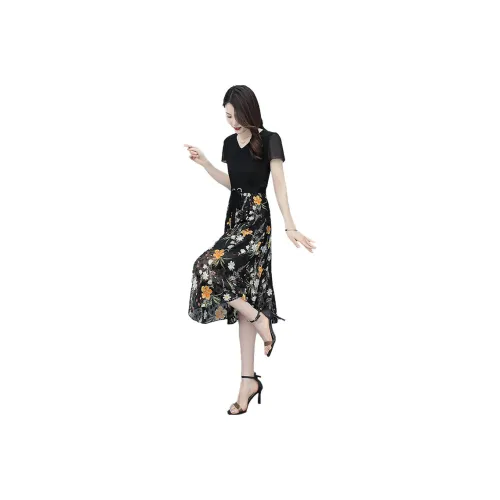 Cypress House Short Sleeved Dress Women's Black Top And Floral Bottom