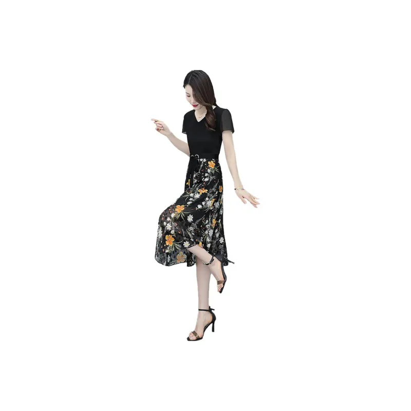 Cypress House Short Sleeved Dress Women's Black Top And Floral Bottom-0