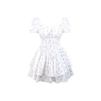 DOKZB Short Sleeved Dress Women's White Base With Purple Floral