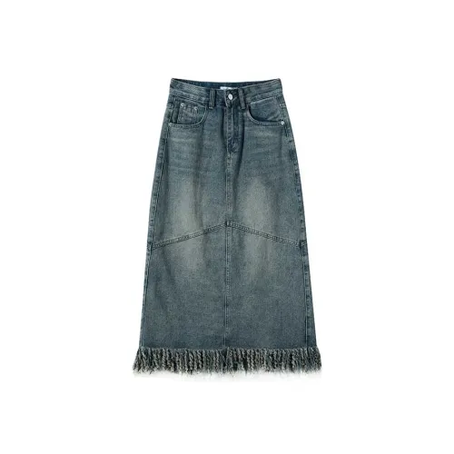 FAWENXIANGZI Denim Long Skirt Women's Vintage Blue