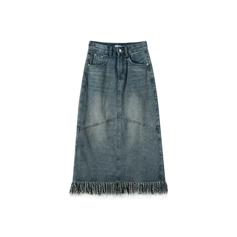 FAWENXIANGZI Denim Long Skirt Women's Vintage Blue-0