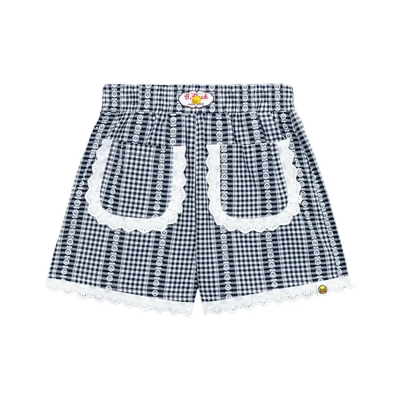B.Duck Casual Shorts Women's Black White Plaid-0