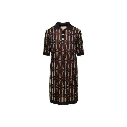 GUCCI Short Sleeved Metallic Horsebit Jacquard Mini Dress