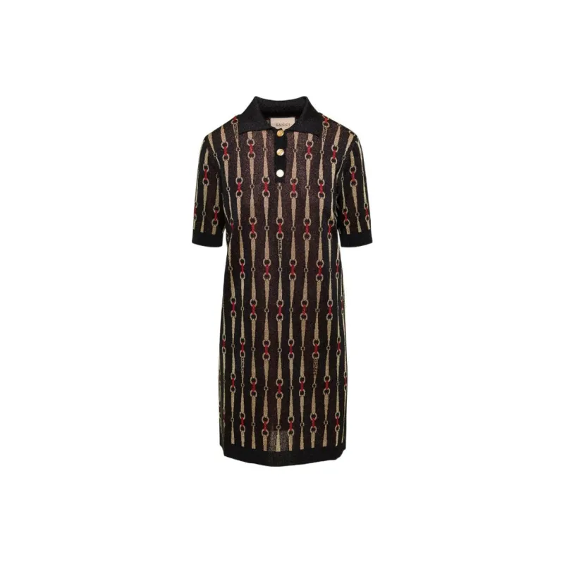 GUCCI Short Sleeved Metallic Horsebit Jacquard Mini Dress-0