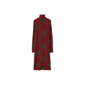 Burberry Checkered Mock Neck Ribbed Shift Dress